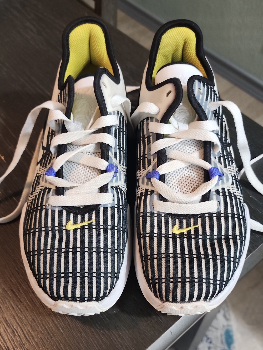 Nike Kids Black & White Grid Sneakers with Yellow Accent
